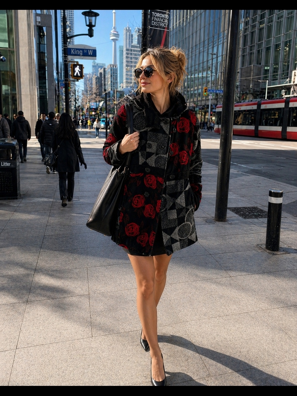 Women’s Black & Red Patterned Hooded Coat